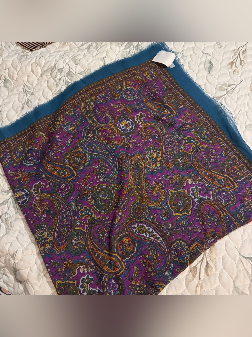 Vintage Italy Scarf L Vester RN 13962 Paisley Teal Purple Gold Boho Fringe NWT